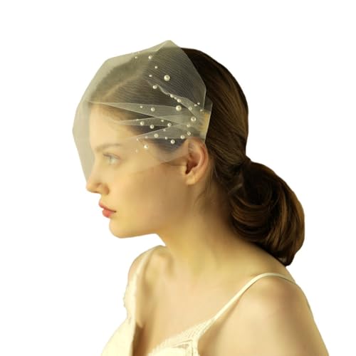 Handgenähter Haarkamm mit Perlen an der Seite for den Brautschleier – kurzer, weicher Netz-Vorderschleier von HUFFA