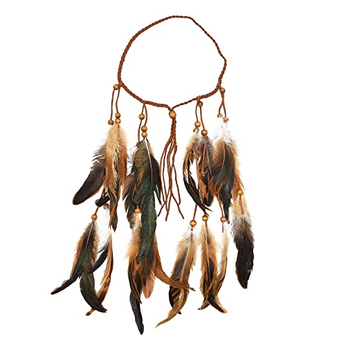 Indischer Tribal Ethno Holzperlen Leder Feder Stirnband Haarseil Bohemian Hippie Festlicher Haarschmuck Schmuck(Brown) von HUFFA