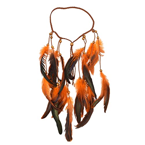 Indischer Tribal Ethno Holzperlen Leder Feder Stirnband Haarseil Bohemian Hippie Festlicher Haarschmuck Schmuck(Orange) von HUFFA