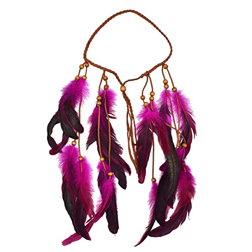 Indischer Tribal Ethno Holzperlen Leder Feder Stirnband Haarseil Bohemian Hippie Festlicher Haarschmuck Schmuck(Rose red) von HUFFA
