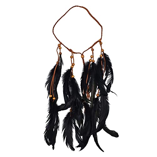 Indischer Tribal Ethno Holzperlen Leder Feder Stirnband Haarseil Bohemian Hippie Festlicher Haarschmuck Schmuck(black) von HUFFA