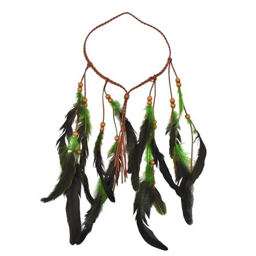 Indischer Tribal Ethno Holzperlen Leder Feder Stirnband Haarseil Bohemian Hippie Festlicher Haarschmuck Schmuck(green) von HUFFA