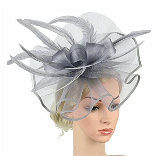 Mesh-Feder-Blumen-Haar-Hut-Stirnband for Frauen Hochzeit Kirche Gast Kopfschmuck Fascinator Party Kopfbedeckungen Zubehör(Grey-01) von HUFFA