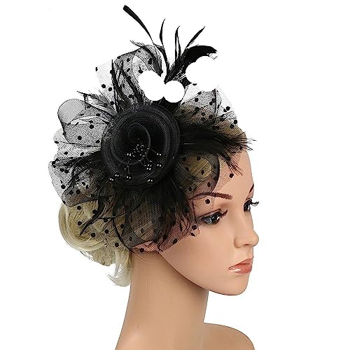 Netz und Feder Hut Stirnband Stirnband Clip Mesh Blume Hochzeit Cocktail Haar Zubehör Tea Party Stirnband(Black green) von HUFFA