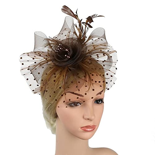 Netz und Feder Hut Stirnband Stirnband Clip Mesh Blume Hochzeit Cocktail Haar Zubehör Tea Party Stirnband(Brown) von HUFFA