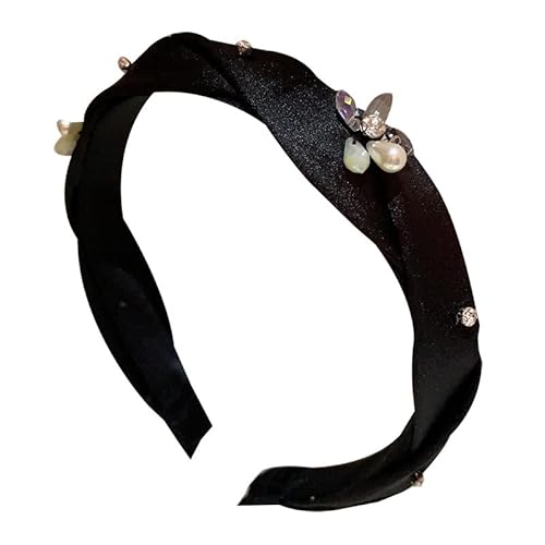 Retro-Haarband mit goldenen Perlen und Kristallblüten, Satin-Haarschmuck mit Strassverzierung(black) von HUFFA