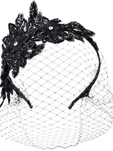Spitzenapplikationen Strass Perlen Schwarz Schleier Bräute Frauen Haarteil Stirnband mit Netz von HUFFA