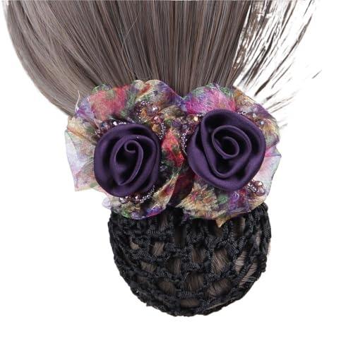 Temperament Doppel-blume Haar Netz Frühling Haar Clip Weibliche Kopf Kopf Platte Haar Karte Net Tasche Mittleren alters Kopf Blume(Purple net) von HUFFA