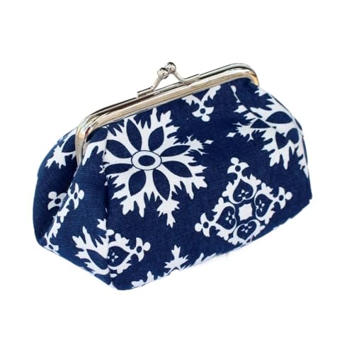 Vintage Haspe Blume Gedruckt Frauen Kurze Brieftasche Leinwand Karte Halter Retro Geldbörse Damen Karte Tasche for Frauen Kupplung Handtasche Tasche (Color : Dark Blue 1, Size : One Size) von HUFFA