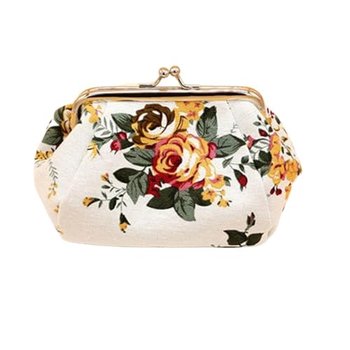 Vintage Haspe Blume Gedruckt Frauen Kurze Brieftasche Leinwand Karte Halter Retro Geldbörse Damen Karte Tasche for Frauen Kupplung Handtasche Tasche (Color : Weiß, Size : One Size) von HUFFA