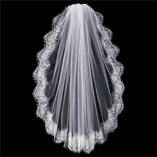 Weiß Elfenbein Kurz Hochzeit Schleier Spitze Rand Braut Haar Zubehör Mantilla(Ivory) von HUFFA