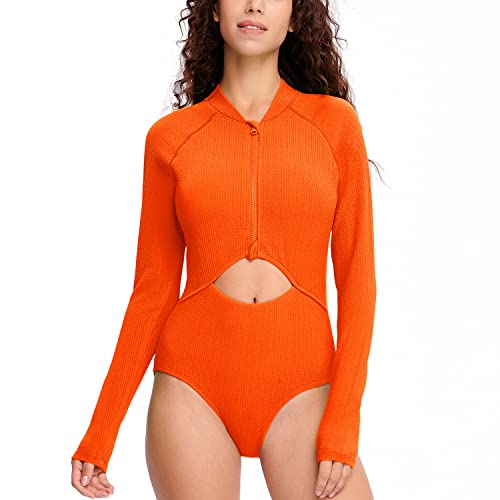 HUGE SPORTS Damen Einteiler Badeanzug Cutout High Cut Badeanzug Langarm Badeanzug für Frauen, Orange, M von HUGE SPORTS