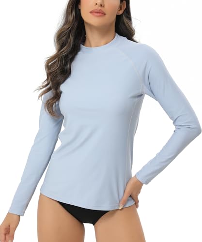 HUGE SPORTS Damen Langarm Rash Guard Shirt Sonnenschutz Schwimmshirt Schnelltrocknend Bademode Surf Shirt (Hellblau, 2XL) von HUGE SPORTS