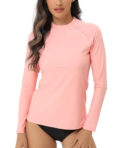 HUGE SPORTS Damen Langarm Rash Guard Shirt Sonnenschutz Schwimmshirt Schnelltrocknend Bademode Surf Shirt (Rosa, M) von HUGE SPORTS