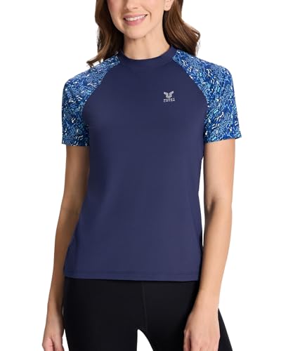 HUGE SPORTS Damen Rashguard Kurzarm Sonnenschutz Schwimmshirt Schnell Trocknend Surf Sport T-Shirt(LeopardPrintNavy,M) von HUGE SPORTS