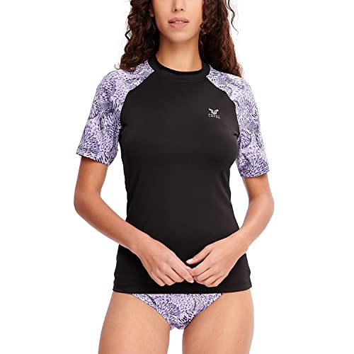 HUGE SPORTS Damen Rashguard Kurzarm Sonnenschutz Schwimmshirt Schnell Trocknend Surf Sport T-Shirt (Schwarz,3XL) von HUGE SPORTS