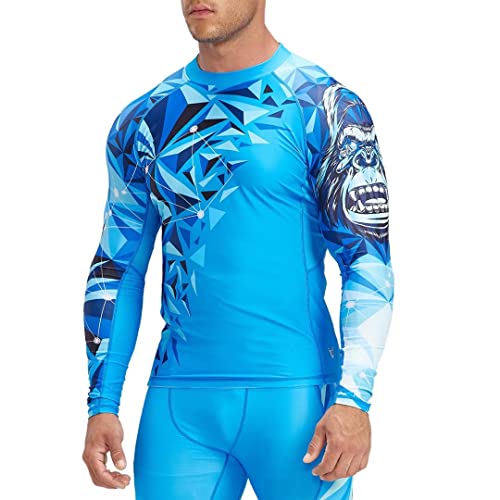 HUGE SPORTS Fightwear BJJ Rashguard für Herren, langärmelig, für MMA, Boxen, Kampfsport, Wrestling, Grappling, Muay Thai, Training, Baselayer, Schwimmen, Surfen, Rashguard-Shirt (Blue King Kong, M) von HUGE SPORTS