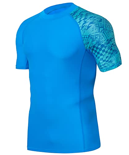 HUGE SPORTS Herren Kurzarm Splice Skins Rash Guard Shirt Schnelltrocknend Schwimmshirt Sonnenschutz Blau Digital 3XL von HUGE SPORTS