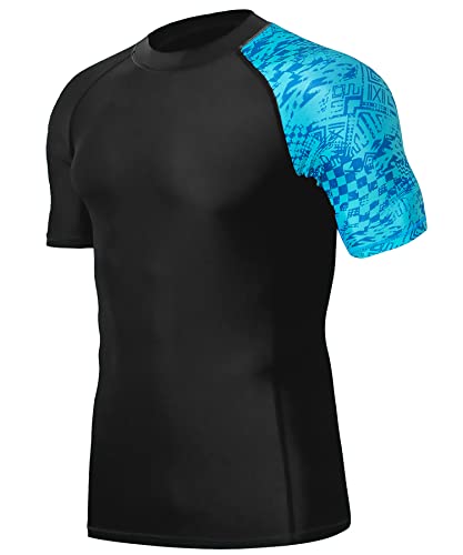 HUGE SPORTS Herren Kurzarm Splice Skins Rash Guard Shirt Schnelltrocknend Schwimmshirt Sonnenschutz Blau Piktogramm L von HUGE SPORTS