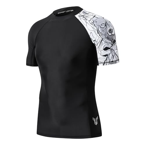 HUGE SPORTS Kurzarm Rashguard Herren Wasser Sonnenschutz Schwimmshirt Schnelltrocknend Rash Guard Shirt für Schwimmen Surfen Tauchen (Schwarzer Bär,2XL) von HUGE SPORTS