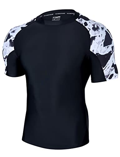 HUGE SPORTS Kurzarm Schwimmshirt Herren Splice Skins Rashguard Shirt Schnelltrocknend Sonnenschutz Schwarz Weiß 3XL von HUGE SPORTS