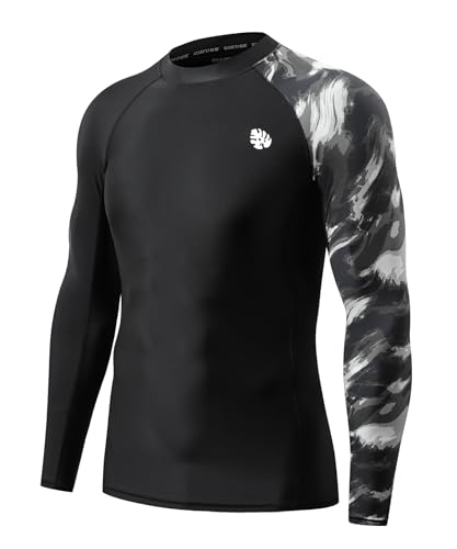 HUGE SPORTS Rashguard Shirt Herren Langarm Rash Guard Sonnenschutz Surf Schwimmshirt Badeshirt(Black Water Wave,M) von HUGE SPORTS