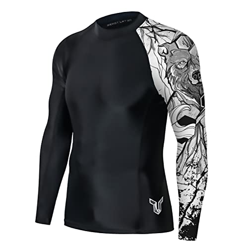 HUGE SPORTS Wildes Tier Rashguard Herren Langarm Kompression Schwimmshirt Schnelltrocknend Sonnenschutz (Schwarzer Bär,2XL) von HUGE SPORTS