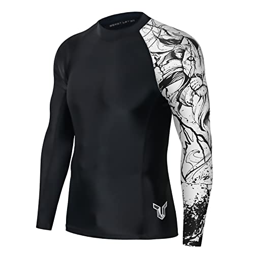 HUGE SPORTS Wildes Tier Rashguard Herren Langarm Kompression Schwimmshirt Schnelltrocknend Sonnenschutz (Schwarzer Löwe,2XL) von HUGE SPORTS