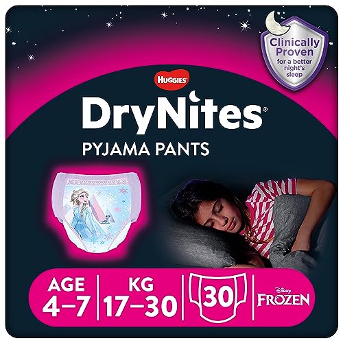 HUGGIES DryNites Schlafanzughose für Mädchen – Größen 4–7 Jahre (30 Hosen) – unschlagbarer Schutz bei Nacht mit diskretem Schutz und lustigen Designs von HUGGIES