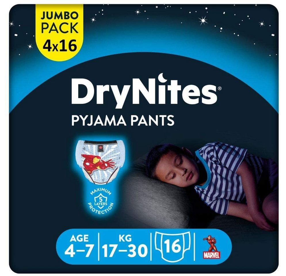 HUGGIES Windeln DryNites Nacht-Windeln Jungen 4-7 Jahre (17-30kg), 64 Stk, Inkontinenz, Vorratspack von HUGGIES