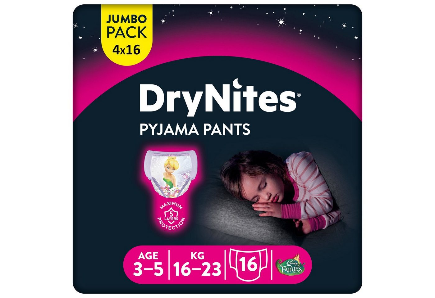 HUGGIES Windeln DryNites Nacht-Windeln Mädchen 3-5 Jahre (16-23kg), 64 Stk Inkontinenz von HUGGIES