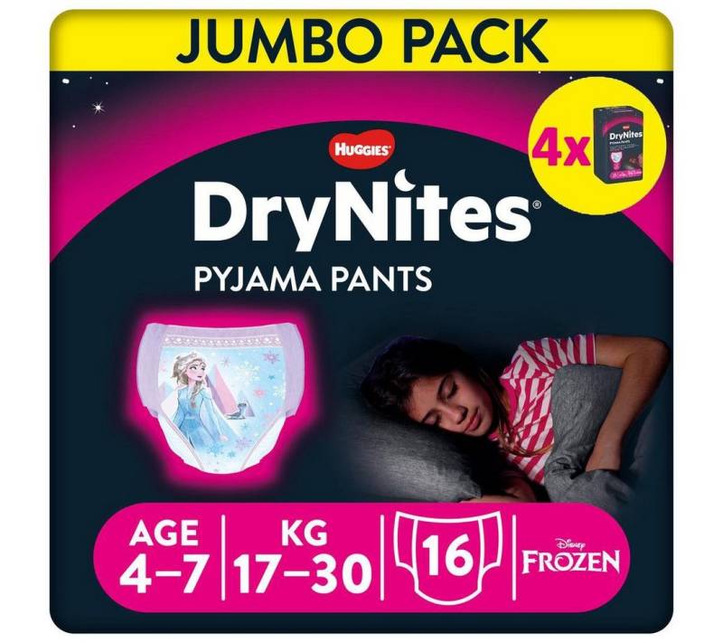 HUGGIES Windeln DryNites Nacht-Windeln Mädchen 4-7 J. (17-30kg), 64 Stk von HUGGIES