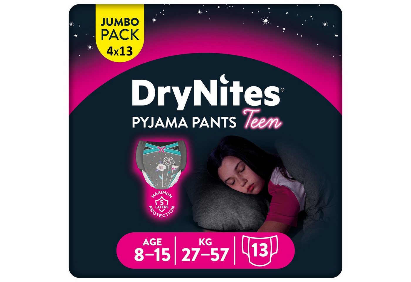 HUGGIES Windeln DryNites Nacht-Windeln Mädchen 8-15 J. (27-57 kg), 52 Stk, Inkontinenz (Vorratspack, 52 Windeln), Windelhose von HUGGIES