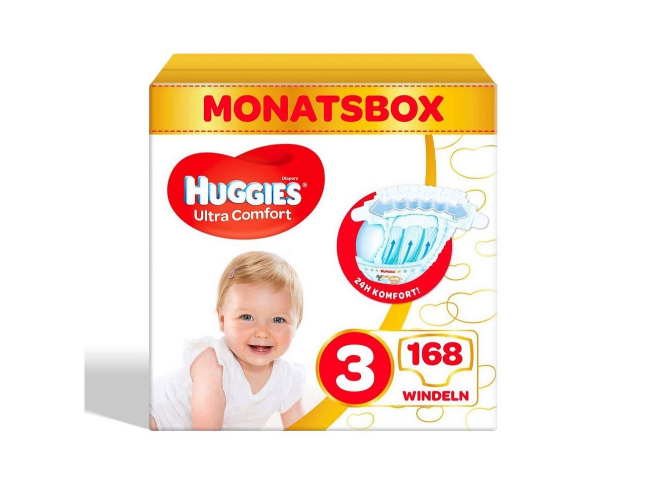 HUGGIES Windeln Ultra Comfort Babywindeln, Größe 3 (4-9 kg), Monatsbox, 168 Windeln (Vorratspack, 168 Windeln), Windel mit Nässeindikator von HUGGIES