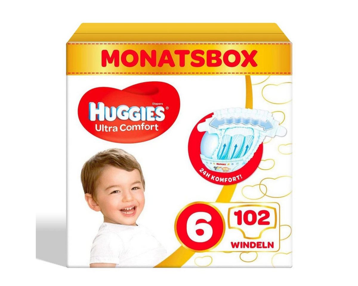 HUGGIES Windeln Ultra Comfort Babywindeln, Größe 6 (15-30 kg), Monatsbox, 102 Windeln (Monatspackung, 102-St), Vorratspack von HUGGIES