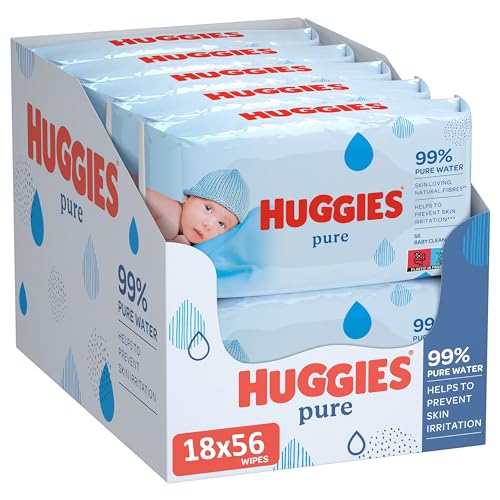 Huggies Pure, Babytücher, 18 Packungen (insgesamt 1008 Tücher) — 99 Prozent reines Wasser — parfümfrei für sanfte Reinigung und Schutz — natürliche Feuchttücher von HUGGIES