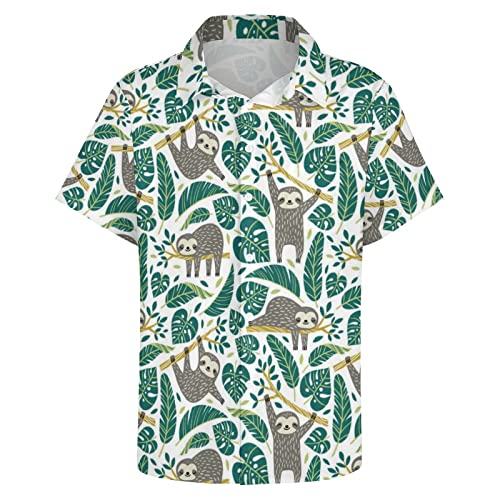 HUGLAZY 4. Juli Outfit Lustiges Hawaii-Hemd für Herren Kurzarm Button-Down-Shirts Party Outfits, Grüne Faultiere, XL von HUGLAZY