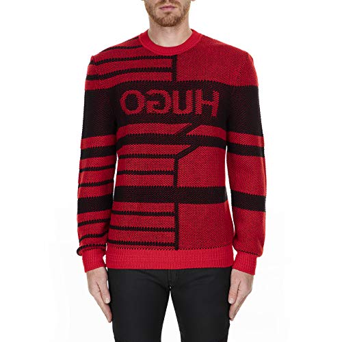 Hugo Herren Pullover Merinowolle Sweater Logo und Motiv Rot L von HUGO BOSS