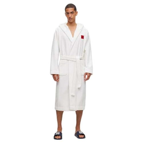 HUGO Herren Terry Gown Hooded Morgenmantel aus Baumwoll-Terry mit rotem Logo-Label, Weiß 100,S von HUGO