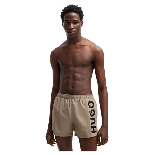 HUGO Herren ABAS Schnell trocknende Badeshorts mit vertikalem Logo-Print Braun L von HUGO