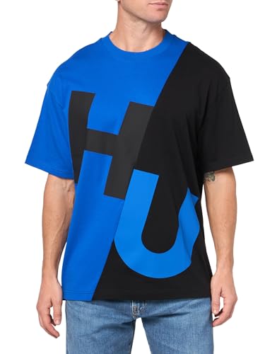HUGO BOSS Herren T-Shirt Block Logo Baumwolle, Black Jade/Cobalt, XXL von HUGO