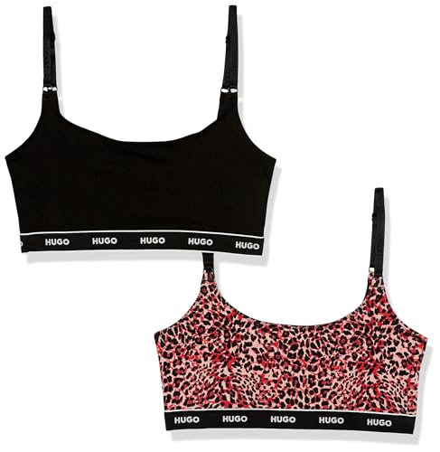 HUGO Damen 2er-Pack Bralettes aus Baumwoll-Stretch mit wiederholtem Logo Sport-BH, Undurchsichtige, Stormy Black/Leo Pink, small von HUGO