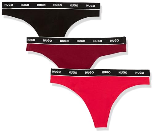 HUGO Damen 3er-Pack Repeat Logo Baumwolle Stretch Tangas, Hugo Rot, Stormy Black, Burgunderrot, XL von HUGO