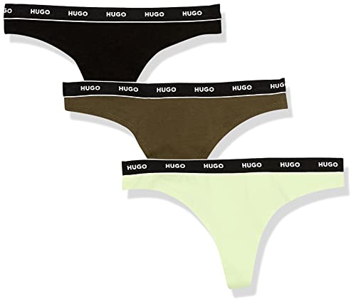 HUGO Damen 3er Pack Repeat Logo Cotton Stretch Thongs Tangahöschen, Blasses Zitronengelb/Dunkelschwarz/gebranntes Oliv, S von HUGO