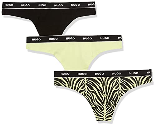 HUGO Damen 3er Pack Repeat Logo Cotton Stretch Thongs Tangahöschen, Solides Schwarz, Sonnengelb Zebra, Sonnengelb, L von HUGO