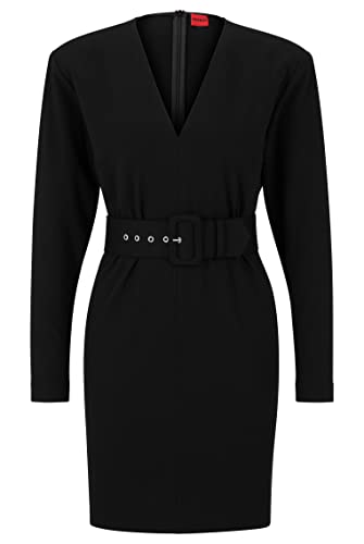 HUGO Damen Kasanne Kleid aus Stretch-Jersey mit V-Ausschnitt, Gürtel und Schulterpolstern Schwarz 32 von HUGO