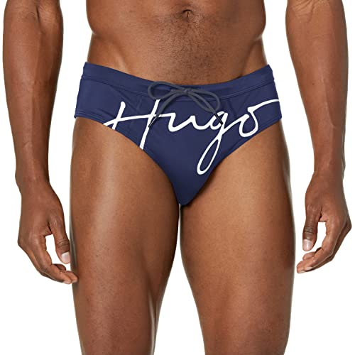 HUGO Damen Laguna Logo Badehose Schwimm-Slips, Fichtenblau/Frost White Script, Large von HUGO