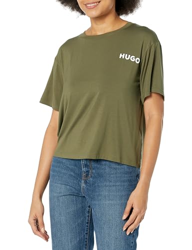 HUGO Damen Relaxed Fit Kontrast Logo T-Shirt Hemd, Dunkelgrün, Klein von HUGO