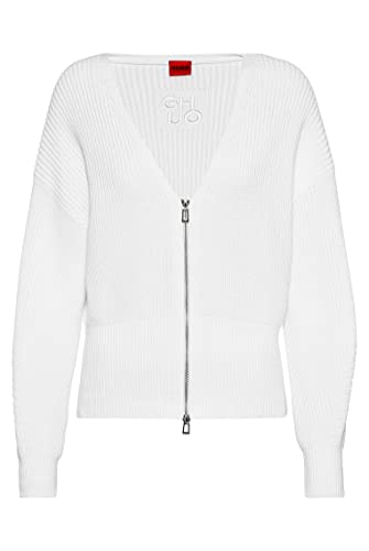 HUGO Damen Sottella Cardigan aus Bio-Baumwolle mit Reißverschluss und Stack-Logo Weiß L von HUGO