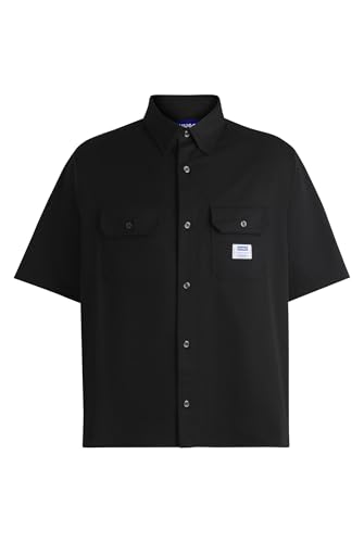 HUGO Herren Ekyno Oversized Hemd aus Baumwoll-Twill mit Logo-Aufnäher Schwarz001 M von HUGO BOSS